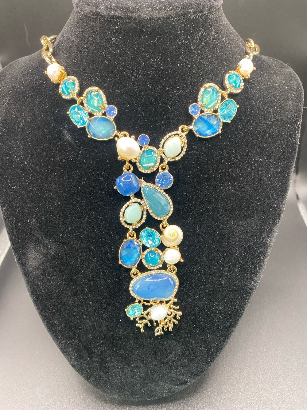 White House Black Market Blue & Teal Statement Necklace - Gold Tone
